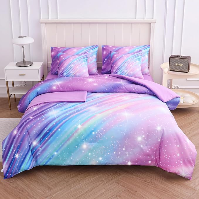 Rainbow Bedding Set Queen Size – 6-Piece Reversible Girls Comforter with Deep-Pocket Sheet, Gradient Galaxy Design, Whole-Piece Filling, Machine Washable Bed-in-a-Bag for Kids Room Makeover & Gifts