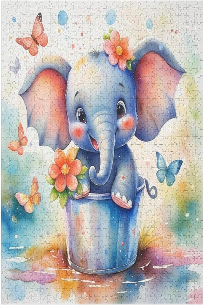 Wooden Puzzles 1000 Piece，Colorful Happy Elephant Themed Jigsaw Puzzles，Educational Games，Family Puzzles，Unique Gifts for Wall Art，Funny Puzzles，Stress Relief Games，Puzzle Games