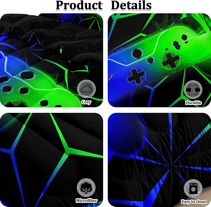 6 Pcs Full Bedding Set for Boys, Green-Blue Full Size Bed in A Bag Gamer Boys Comforter Set for Teens