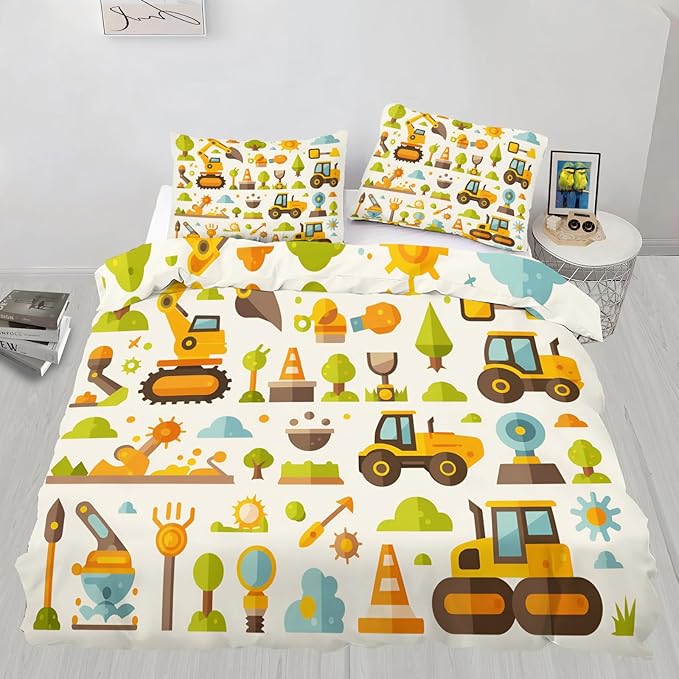Cartoon Construction Vehicles Bedding Set California King Excavator Bulldozer Duvet Cover Colorful Engineering Comforter Cover Kids Construction-Themed Bedding Set with Pillowcases for Bedroom