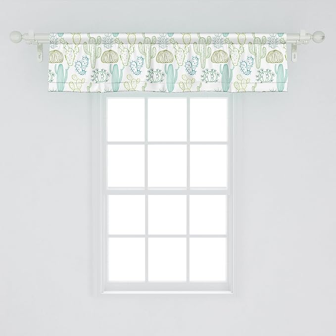 Ambesonne Cactus Window Valance Pack of 2, Prickle Plants Botanical Hand Drawn Like of Cacti Outline Drawings, Rod Pocket Curtain Valances for Kitchen Bedroom, 42" X 12", Dark Seafoam and Pale Green