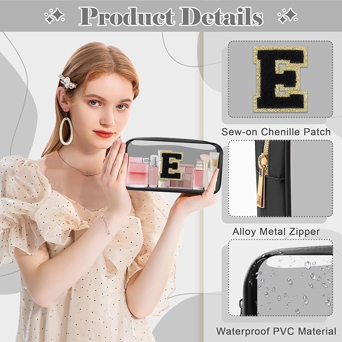 Personalized Initial Letter Clear Makeup Bag,Preppy Small Nylon&PVC Cosmetic Zipper Bag with Chenille Letter,Travel Skincare Toiletry Bag,Monogram Christmas Gift for Teen Girls Women,E