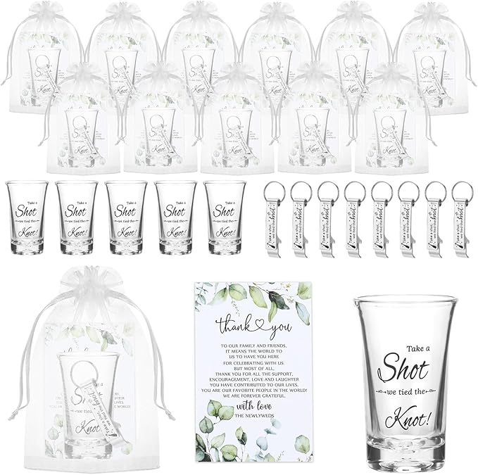 25 Set Wedding Favors for Guests Bulk,Acrylic Take a Shot We Tied the Knot Wedding Shot Glasses with Bottle Opener Thank You Cards and Organza Bags,Souvenirs for Guests
