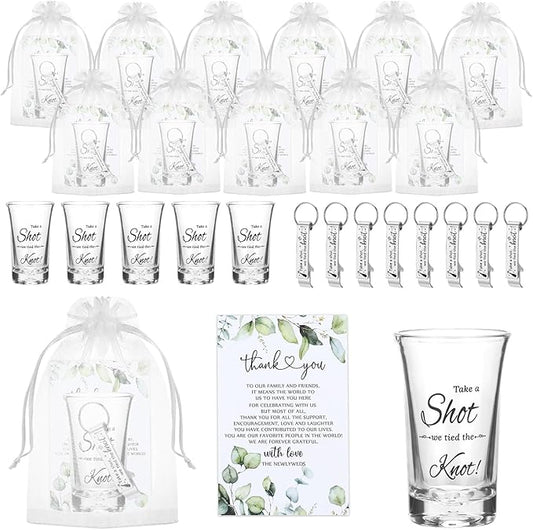 25 Set Wedding Favors for Guests Bulk,Acrylic Take a Shot We Tied the Knot Wedding Shot Glasses with Bottle Opener Thank You Cards and Organza Bags,Souvenirs for Guests