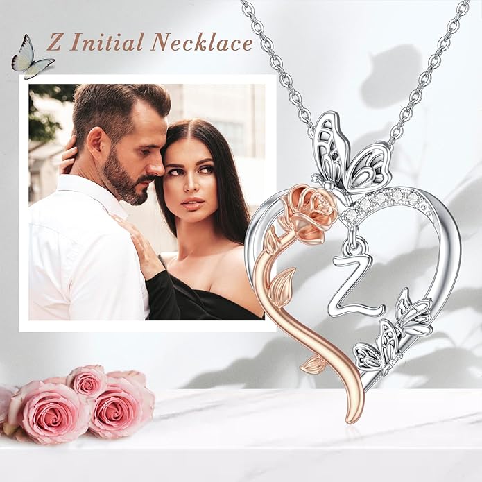 TOUPOP Rose Heart Necklaces Gifts for Women 925 Sterling Silver Butterfly Heart Initial Necklace Anniversary Valentines Day Birthday Jewelry Gifts for Mom Her Wife Girlfriend Daughter