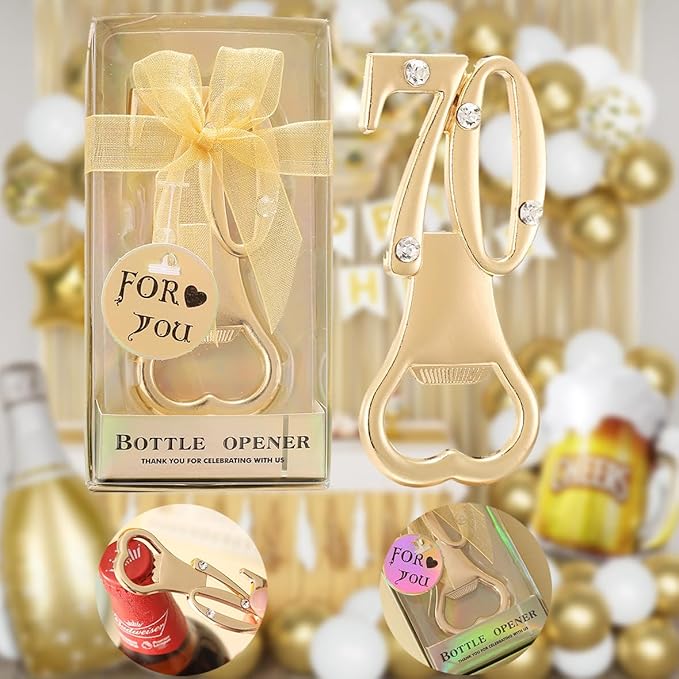 24 pcs gold themed 70th birthday bottle openers favored for 70th anniversary wedding party gifts, 70 birthday party souvenirs or party decorations (Gold, 70 style)