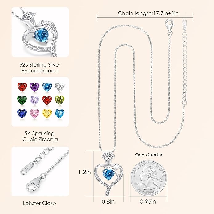LOUISA SECRET Rose Flower Heart Birthstone Necklaces for Women, 925 Sterling Silver Fine Jewelry, Pendant Heart Necklaces Birthday Anniversary Christmas Gift for Women Wife Mom Girlfriend Lady