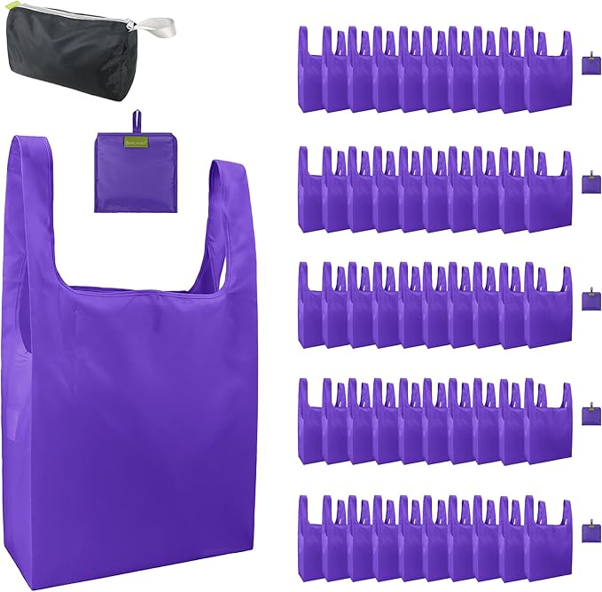 BeeGreen Purple Reusable Grocery Bags Wholesale Purple Reusable Kitchen Bags Bulk Foldable-Machine Washable with Zipper Storage Pouch 50 Packs
