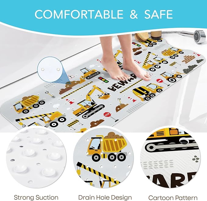 SHUCHING Baby Bath Mat for Tub Non Slip-40 X 16 Inch, Extra Long Kids Bathtub Mat Mold Free, Bathtub Shower Mat Anti Slip for Bathroom, Machine Washable, Vehicle