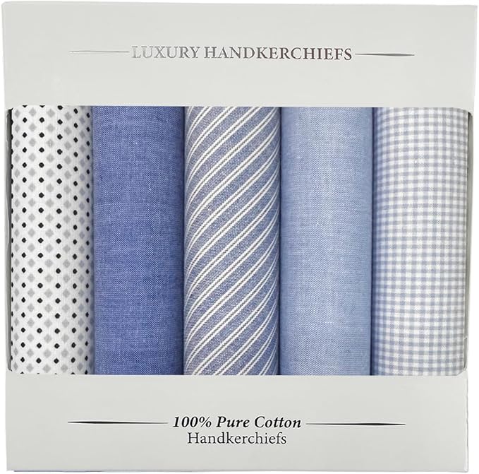 5 Pack Handkerchief Mens Cotton Luxury Hot Silver Gift Box Set, Vintage 40x40cm Fancy Design Pocket Square Hankie Gift Pack