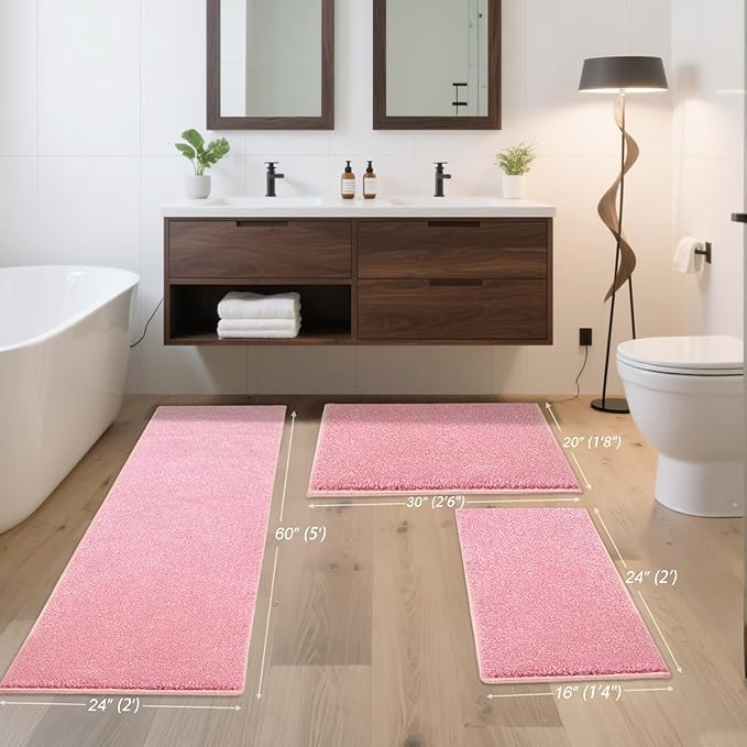 HDFK Bathroom Rugs | Non Slip Washable Bath Mats 24x16 Inches 2 Tone Chenille Medium Pile TPR Backing Floor Mat | Quick Dry Water Absorbent Pink and White | Shower Rug for Vanity Zone & Decor