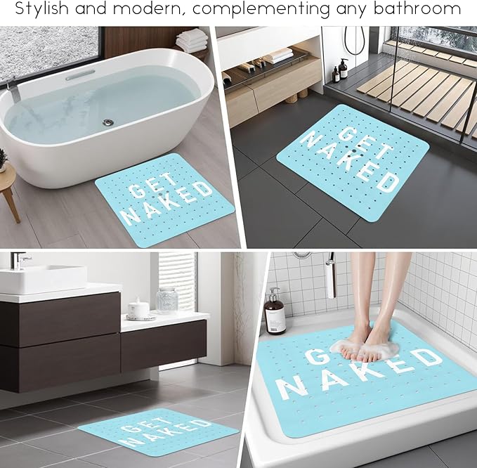 Bathtub Mat Non Slip, Get Naked Square Bath tub Mat Shower Floor Mat with Suction Cups for Adults Kids Elderly 21 X 21 Inch