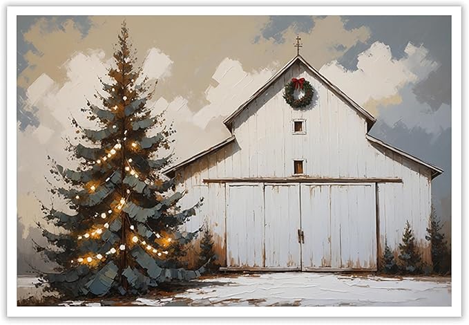 Winter Christmas tree abstract barn print nature country artwork home decor farmhouse canvas poster12x16in(30x40cm)- Unframed