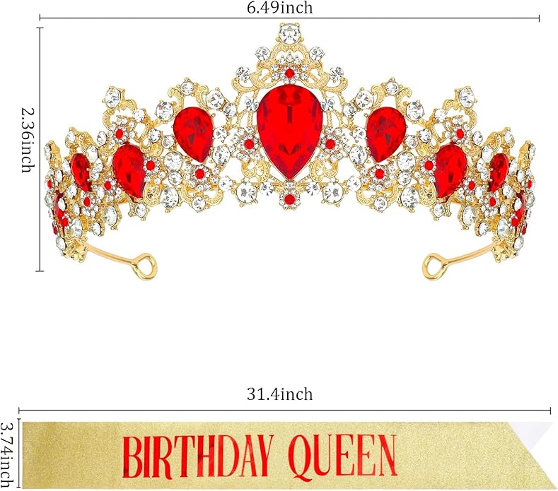 Red and Gold Birthday Queen Crown for Women Prom Queen Sash and Tiara Set Birthday Queen Sash and Crown Set for Women Red Rhinestone for Party Hair Accessories