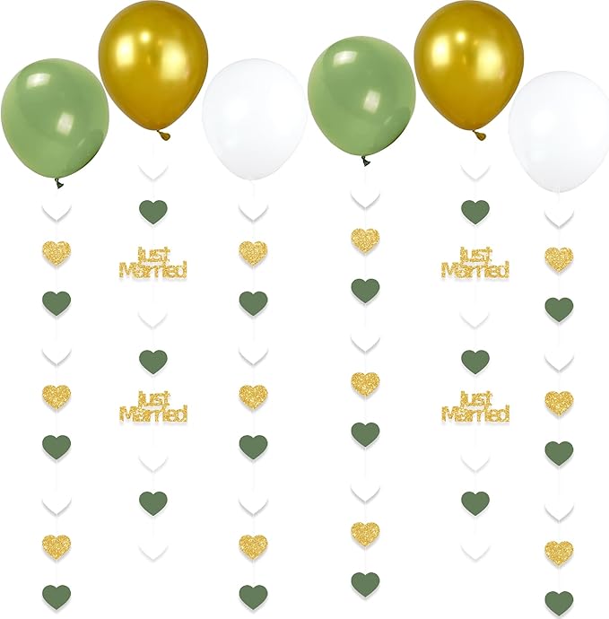 Sage Green Just Married Wedding Party Decorations Gold/Green/White Heart Just Married Garland and Balloons for Wedding Bridal Shower Party