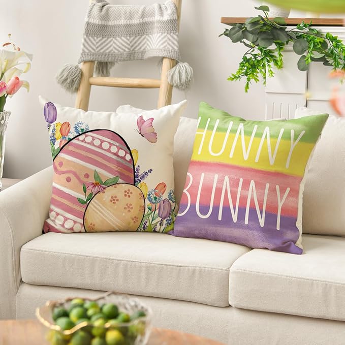 AVOIN colorlife Happy Easter Hunny Bunny Colorful Srtipes Throw Pillow Covers, 18 x 18 Inch Easter Eggs Bunny Spring Cushion Case for Sofa Couch Set of 4