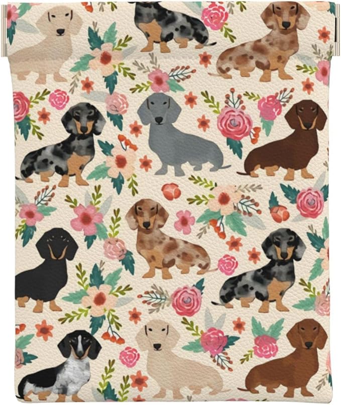 Coin Purse Dachshund Sausage Dogs Pink Flowers Print Leather Squeeze Coin Purse Mini Pouch Change Wallet Bag Gifts for Women Kids Girls Key Holder