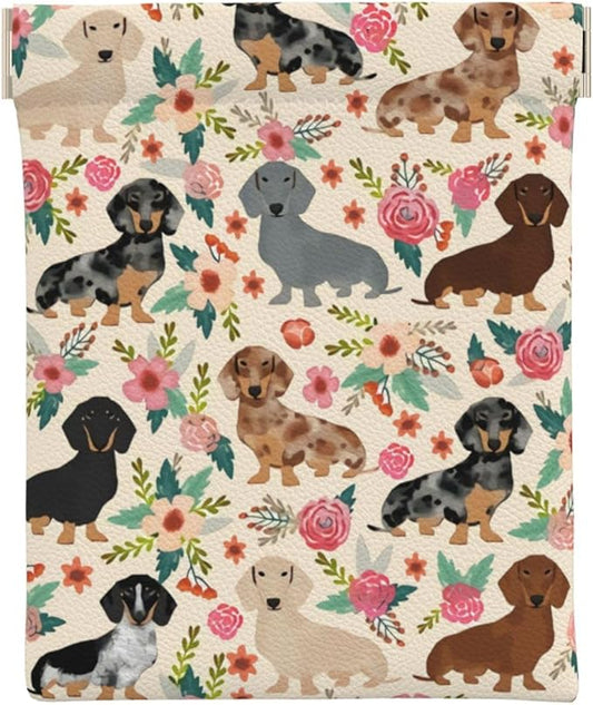 Coin Purse Dachshund Sausage Dogs Pink Flowers Print Leather Squeeze Coin Purse Mini Pouch Change Wallet Bag Gifts for Women Kids Girls Key Holder