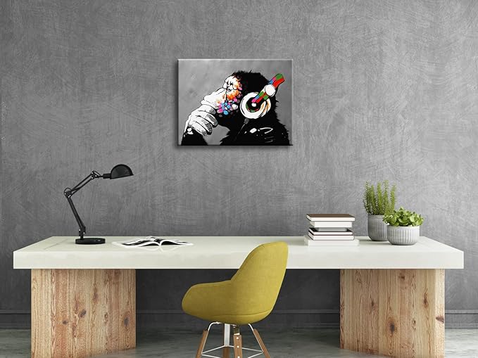 Wieco Art Monkey With Headphones Banksy DJ Chimp Pop Art Cool Ape Abstract Canvas Prints Wall Art Paintings for Living Room Bedroom Home Decorations Stretched Artwork for Office Decor