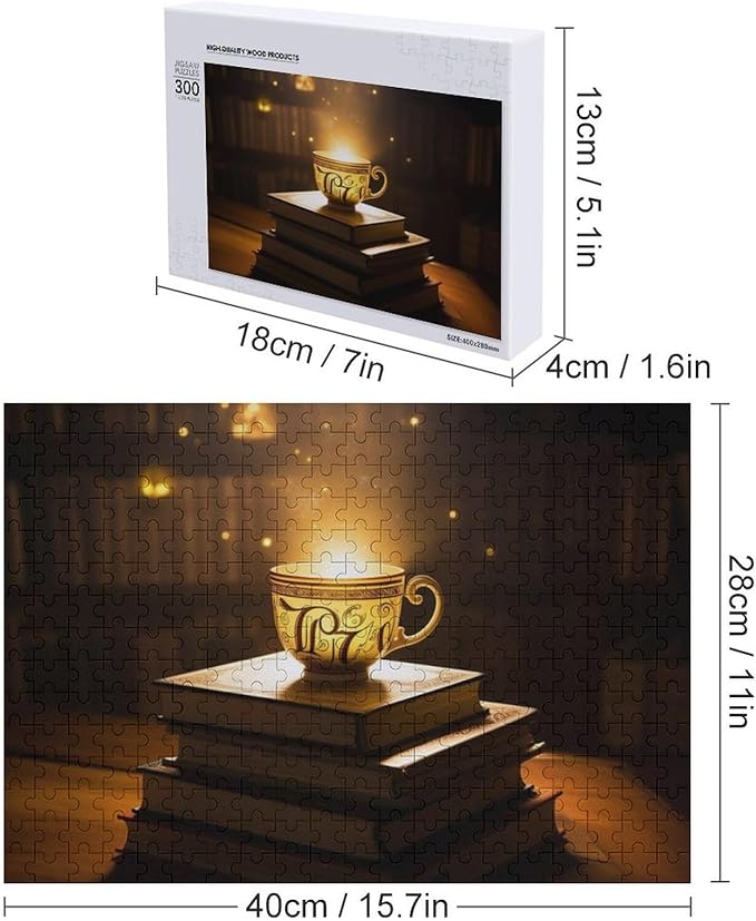 Wooden Puzzle - Hot Tea On A Book Rounded Corner Jigsaw Puzzles，Wooden Puzzles for Adults 300 Pieces Challenge Puzzles，Educational Games，Family Puzzles，Unique Gifts for Wall Art