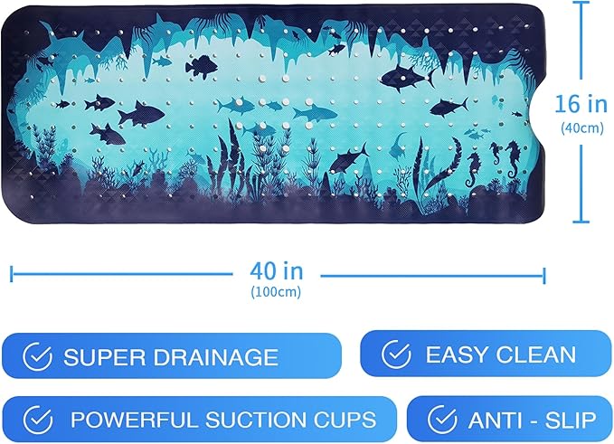 Blue Bathtub Mat Non Slip 40x16in Extra Long Bath Mat for Tub Funny Cute Ocean Animals Anti Slip Shower Mat for Bathroom with Large Drain Holes and Suction Cups Quality Bath Mats and Bathtub Decor