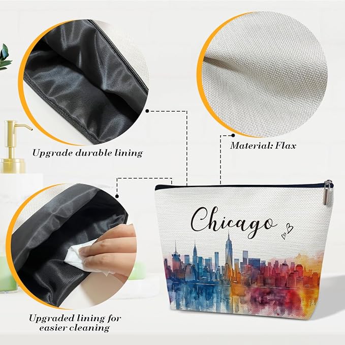 Chicago Travel Gift Makeup Bag, Chicago Souvenir, Watercolor Cosmetic Bag for Purse, Trip Gifts for Traveller, Travelling Lovers, City Themed Organizer