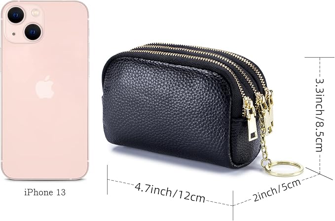 LINNO 3 Zippered Genuine Leather Coin Purse Triple Capacity Change Pouch Little Travel Wallet With Key Ring for Women