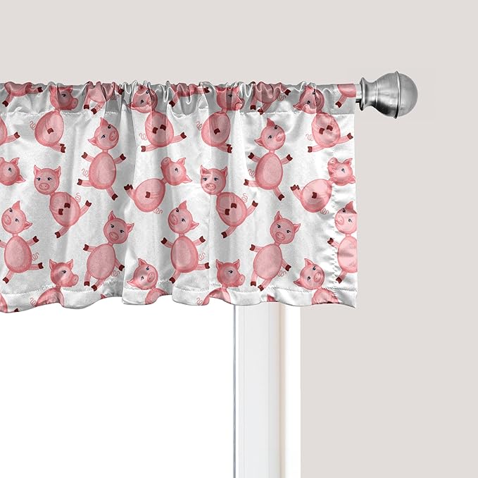 Ambesonne Pig Window Valance Pack of 2, Cartoon Sitting and Smiling Pigs Pattern Farmer Domestic Animal Concept, Rod Pocket Curtain Valances for Kitchen Bedroom, 54" X 18", Pale Pink White