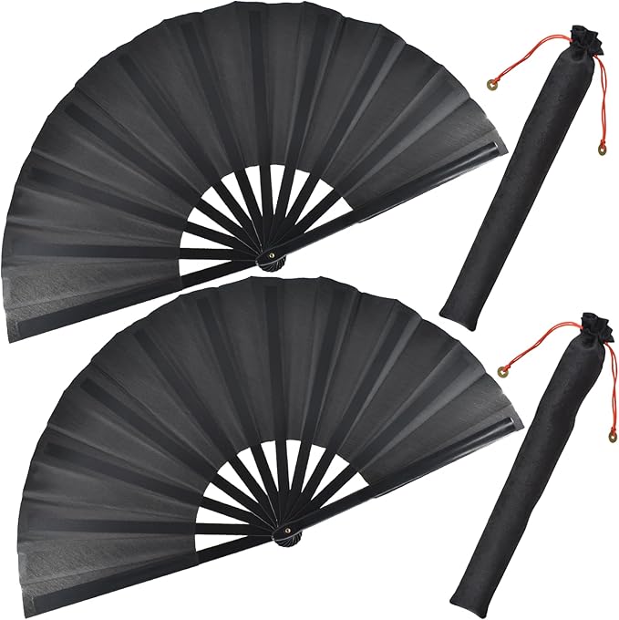 2pcs Large Black Folding Fans Handheld Nylon Cloth Classical Fans with Holder Sleeve Chinese Kung Fu Fan for Festival Performance Dance Decorations Gifts