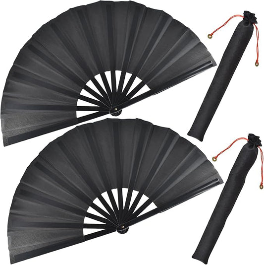 2pcs Large Black Folding Fans Handheld Nylon Cloth Classical Fans with Holder Sleeve Chinese Kung Fu Fan for Festival Performance Dance Decorations Gifts