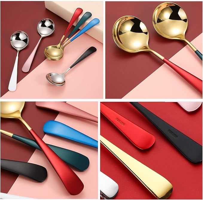 Metal Soup Spoons,Stainless Steel Spoons for Soup Round Colorful Dinner Spoons Thick Short handle Table Spoon 6.3-Inch, Set of 5 (Gold)