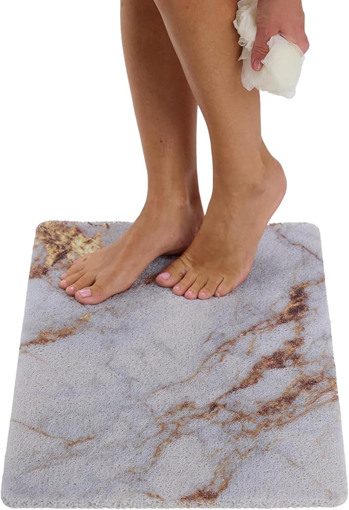ENKOSI Loofah Non-Slip Shower and Bath Mat - Soft Cushioned Comfort - No Suction Cups for Smooth or Textured Tubs - Fast Draining - Safety for Bathroom, Family and Elderly (24x16 Marble Blue Gold)