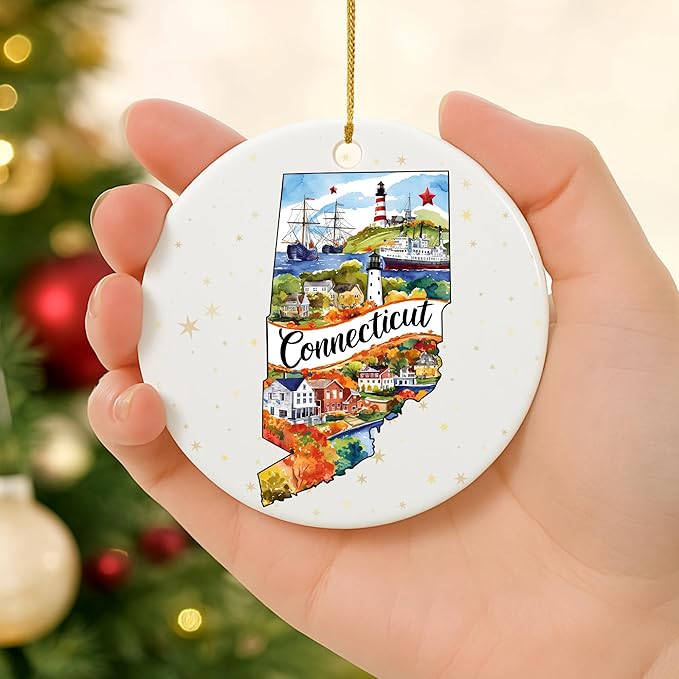 USA State Landmark Ceramic Ornament – Round Glossy Christmas Decoration Featuring U.S. State Art, Landmarks & Holiday Scenery – Collectible Travel Souvenir Ornament Series (Connecticut)