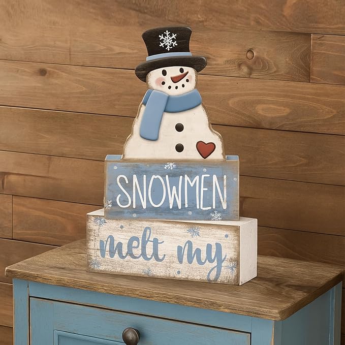 4 Pcs Winter Table Decorations Blue and White Snowman Decor Winter Tiered Tray Decor Christmas Table Centerpiece Rustic Decorative Snowmen Block Signs Gift Farmhouse for Home Kitchen Shelf