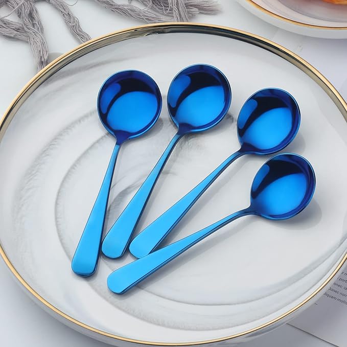 Buyer Star 8 Pieces Stainless Steel Round Soup Spoon, 6.3 Inch Mirror Polished Spoon Cutlery, Dishwasher Safe (Blue)