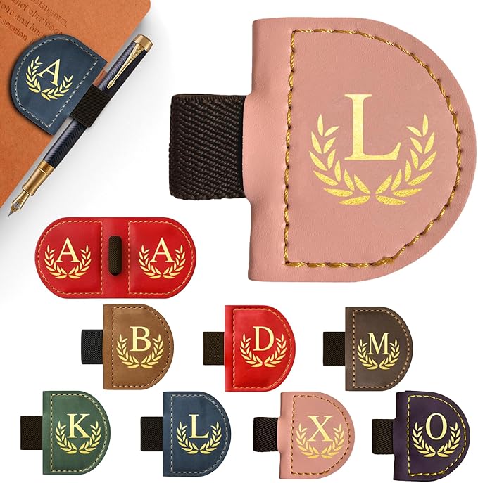 Personalized Leather Magnetic Bookmark with Pen Holder, Custom Bygone Mark Bookmark with Pen Holder, Custom Bookmarks with 26 Letters for Reading Women, Men, Teachers, Book Lovers（Pink，L）