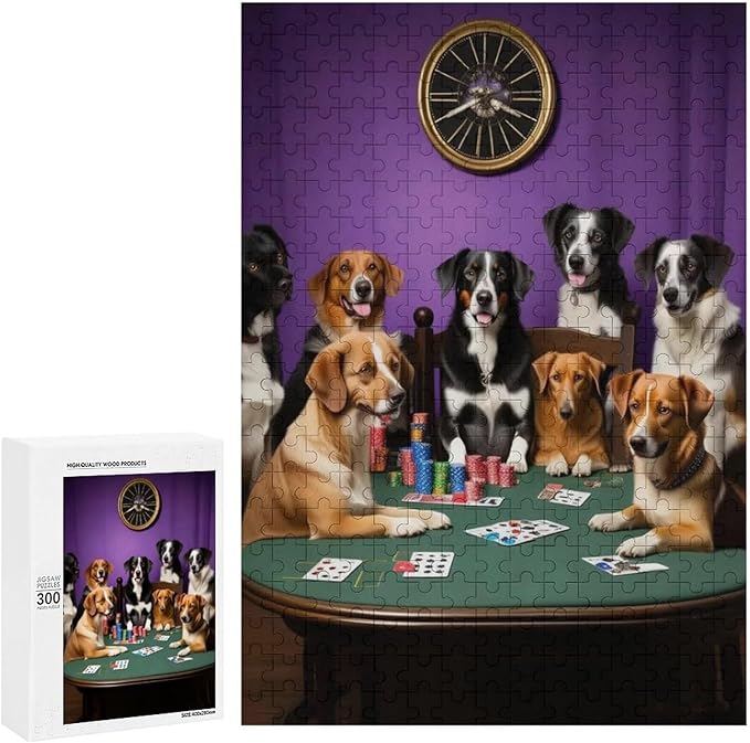 Wooden Puzzle - Dogs Playing Poker Jigsaw Puzzles，Wooden Puzzles for Adults 300 Pieces Challenge Puzzles，Educational Games，Family Puzzles，Unique Gifts for Wall Art