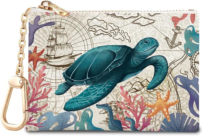 Sea Turtle Keychain Coin Purse for Women, Small PU Leather Change Pouch, Zipper Little Tiny Travel Wallet for Girls, Cute Kawaii Zip Pocket Coin Holder with Key Ring