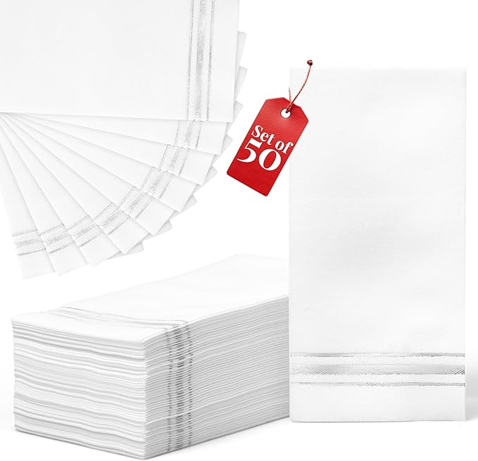 Prestee - Linen-Like Paper Hand Towels - Disposable Guest Towels for Bathroom - White with Silver Stripes - 7.8"x4" Folded - 50 Count - Soft and Absorbent Bathroom Napkins - Elegant Metallic Design