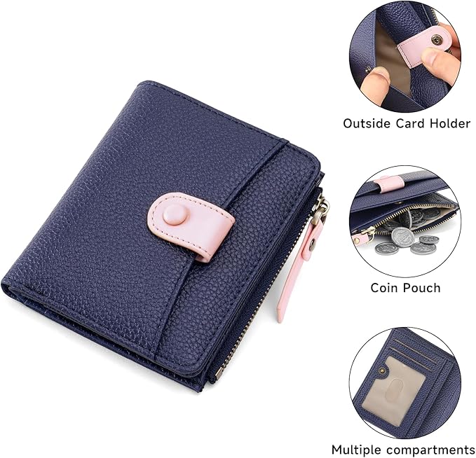SENDEFN Small Wallet Women Leather RFID Blocking Bifold Zipper Pocket Card Holder with ID Window