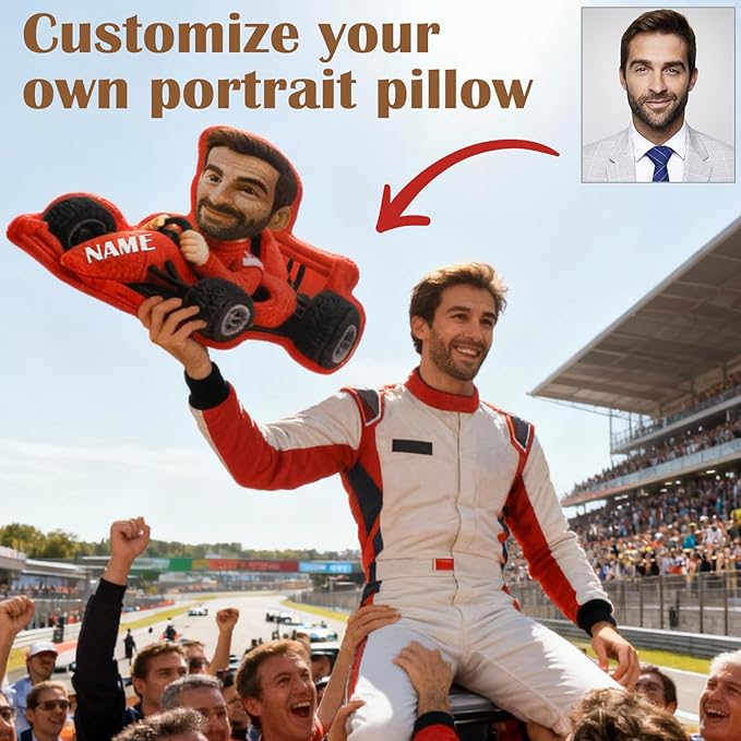 Amlion Custom Pillow - Personalized Cartoon Face Pillow with Picture Name,Customized Racing Car Pet Face Shaped Throw Pillows Funny White Elephant Gifts for Boyfriend Mom Dad