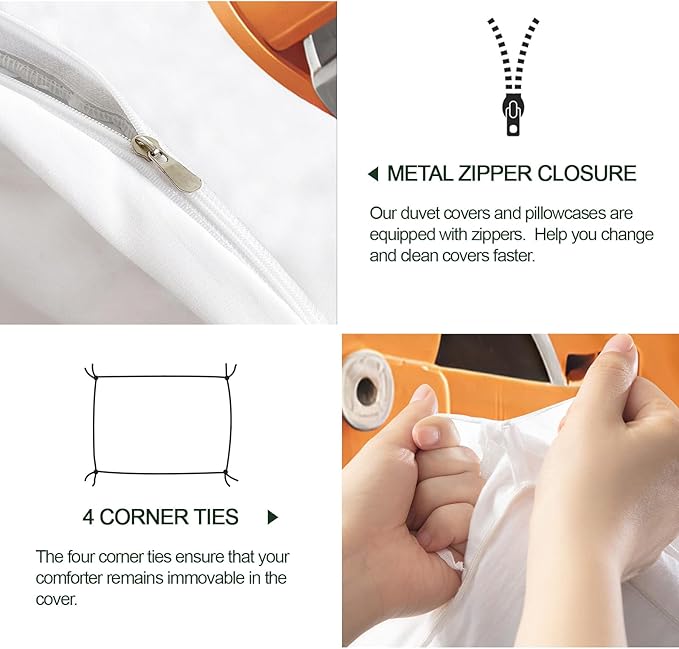 Cartoon Road Roller Bedding Set Queen Size Construction Vehicle Duvet Cover Orange Engineering Truck Comforter Cover Cartoon Children's Bed Set Soft Microfiber for Bedroom
