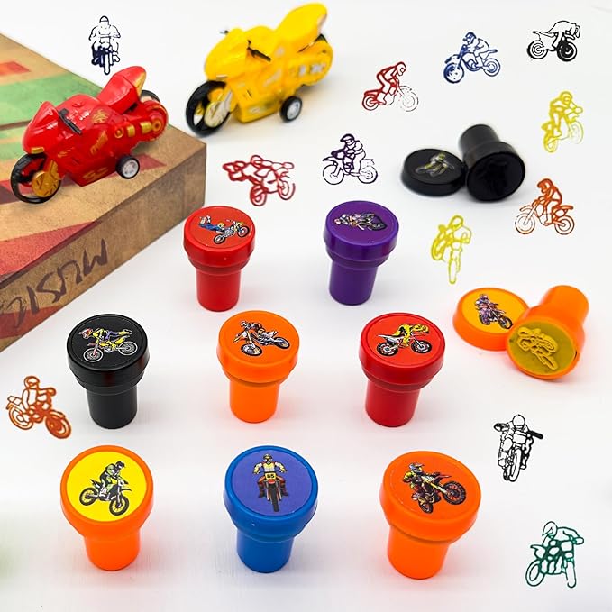 Cinrobiye 24 PCS Dirt Bike Party Stampers，Motocross Birthday Favors, Racing Goodie Bag Fillers, Cross Country Motorcycle Party Supplies, Classroom Rewards, Pinata & Carnival Prizes for Boys Girls