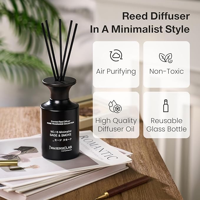 M&SENSE Reed Diffuser Set, 10.14 fl oz Large Reed Diffuser, Sage & Smoke Scented with Natural Essential Oils, Long Lasting with 7 Sticks, Non-Toxic Home Fragrance Reed Diffuser for Bedroom, Bathroom