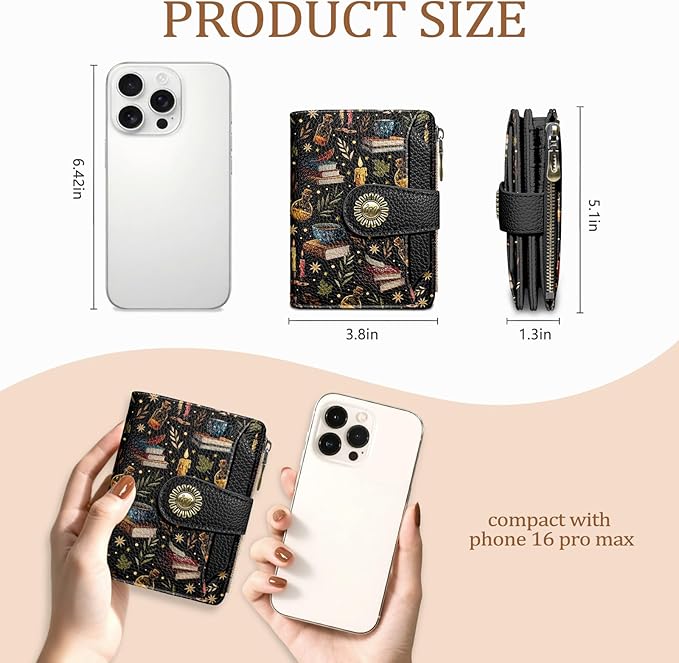 Book Witchy Wallet Women Small RFID Blocking Bifold, Credit Card Holder, Zipper Coin Pocket, PU Leather, Compact, Travel, 4 ID Window, 14 Card Slots, Cash Purse, Ladies Woman Female Girls
