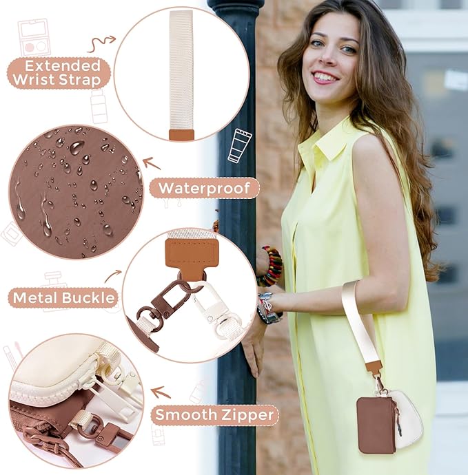 Dual Pouch Wristlet Keychain Wallets for Women with 2 Detachable Zipper Coin Purse - Small and Portable Mini Card Wallet for Women Men Brown+Beige