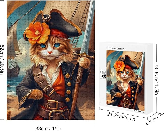 Wooden Puzzle - Classic Pirate Cat Leader Jigsaw Puzzles，Wooden Puzzles for Adults 500 Pieces Challenge Puzzles，Educational Games，Family Puzzles，Unique Gifts for Wall Art