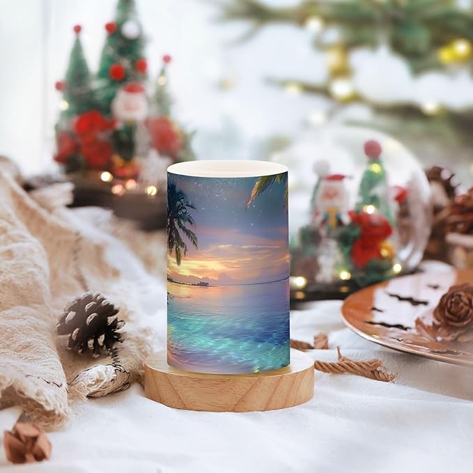 ALAZA Blue Green Sea Water Palm Trees Tropical Flowers Flickering Flameless Candles Battery Operated with Remote Timer,Tea Light Candles LED Pillar Votive Candles Set of 2 for Outdoor Indoor
