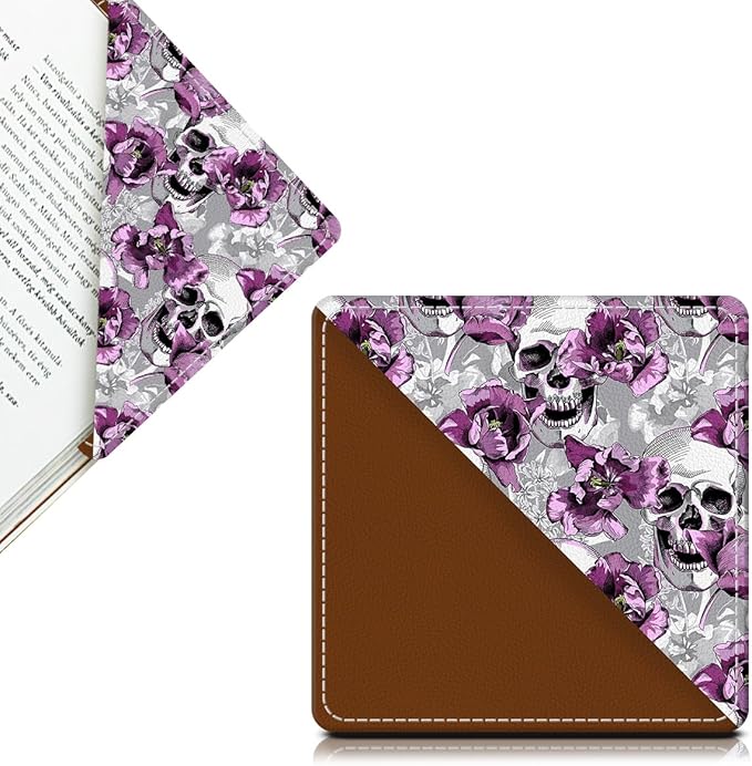Cute Leather Bookmarks, Fun Triangle Making Corner Bookmark, Book Accessories for Reading Book Lovers, Unbreakable Page Markers for Women Men Cool Skull Flowers