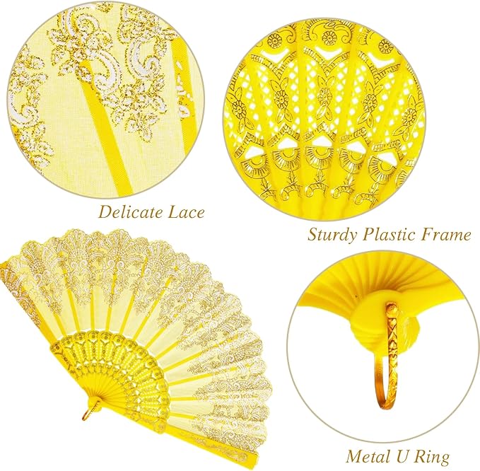 QIRMIZI 10 Pack Folding Handheld Fans,Silk Spanish Fan, Perfect for Weddings, Parties, and Dancing,Yellow